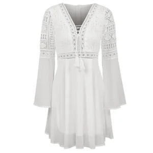 Women's A Line Mini Dress, Long Sleeve, V Neck