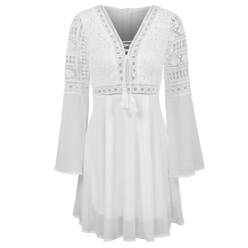 Women's A Line Mini Dress, Long Sleeve, V Neck - Image 1