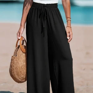 Women's Wide Leg Pants - Pockets Elastic Waist
