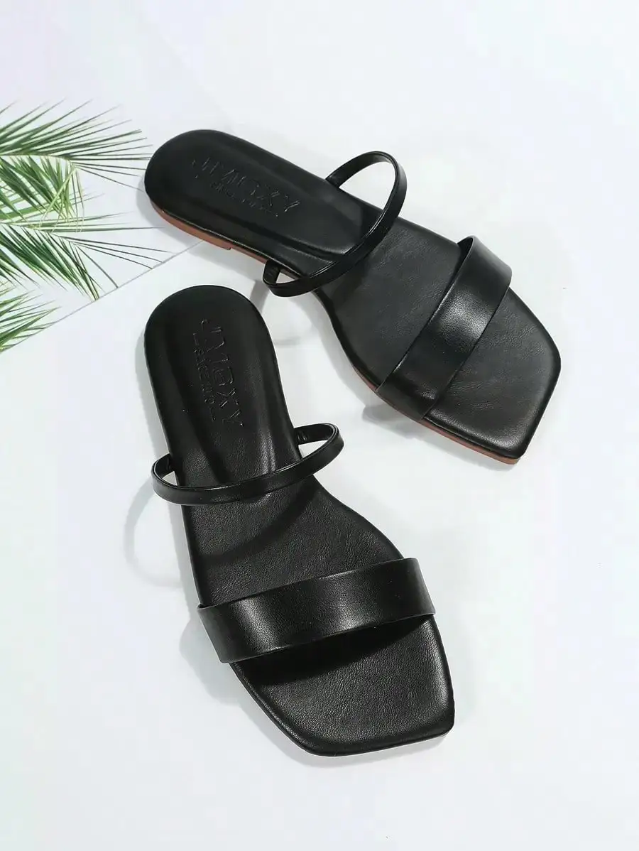 Women's Flat Sandals, New Summer Fashion Square Toe Open Toe, Black/White/Gold/Silver/Red/Blue, Comfortable Flat Double Strap Be - Image 1