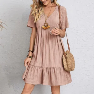 Vintage Solid Elegant Women Dress Casual V-Neck - Thumbnail Image 5