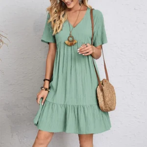 Vintage Solid Elegant Women Dress Casual V-Neck - Thumbnail Image 8