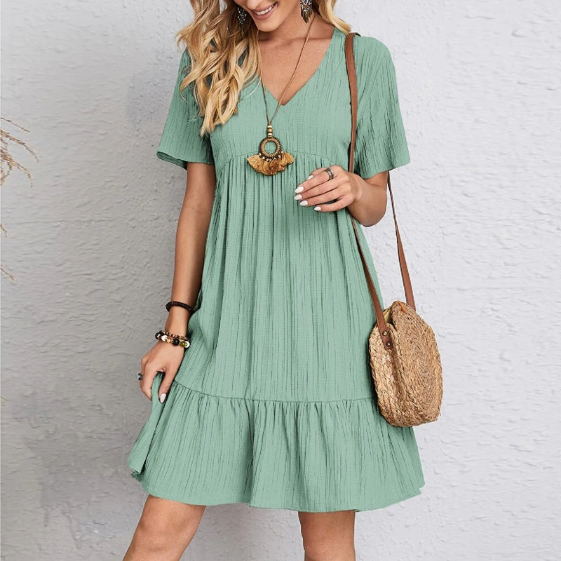 Vintage Solid Elegant Women Dress Casual V-Neck - Image 8