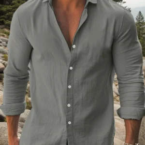 Mens Solid Cotton Long Sleeve Casual Slim Fit Shirt - Thumbnail Image 4