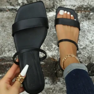 Women's Flat Sandals, New Summer Fashion Square Toe Open Toe, Black/White/Gold/Silver/Red/Blue, Comfortable Flat Double Strap Be - Thumbnail Image 2