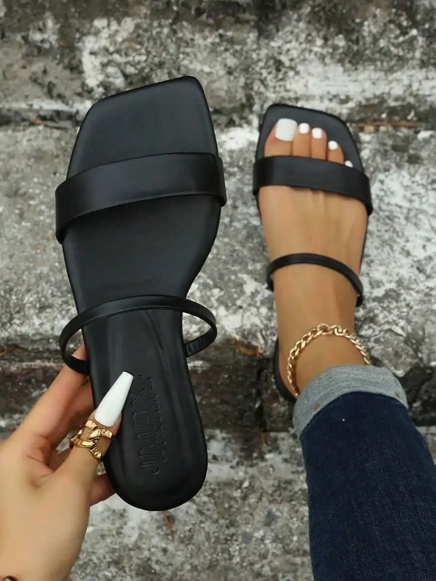 Women's Flat Sandals, New Summer Fashion Square Toe Open Toe, Black/White/Gold/Silver/Red/Blue, Comfortable Flat Double Strap Be - Image 2