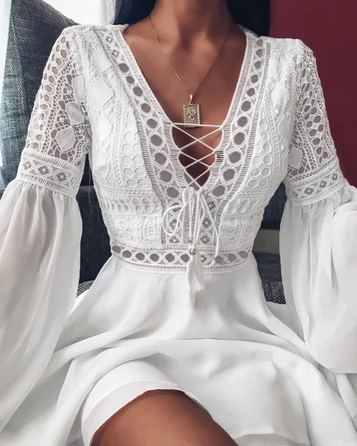 Women's A Line Mini Dress, Long Sleeve, V Neck - Image 4