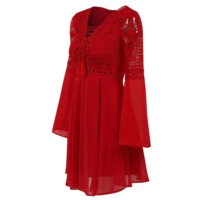 Women's A Line Mini Dress, Long Sleeve, V Neck - Image 5