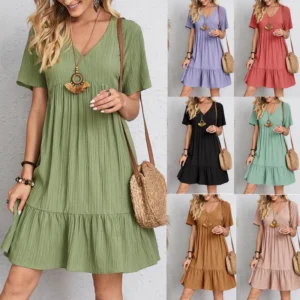 Vintage Solid Elegant Women Dress Casual V-Neck