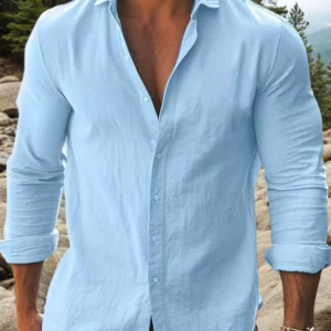 Mens Solid Cotton Long Sleeve Casual Slim Fit Shirt - Thumbnail Image 3