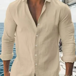 Mens Solid Cotton Long Sleeve Casual Slim Fit Shirt - Thumbnail Image 5