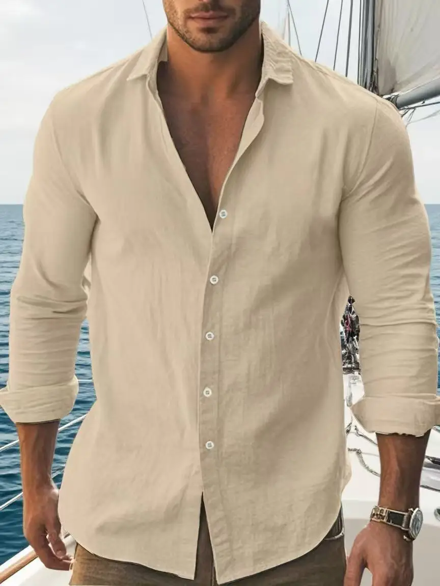 Mens Solid Cotton Long Sleeve Casual Slim Fit Shirt - Image 5