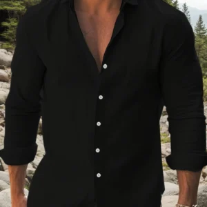 Mens Solid Cotton Long Sleeve Casual Slim Fit Shirt - Thumbnail Image 2