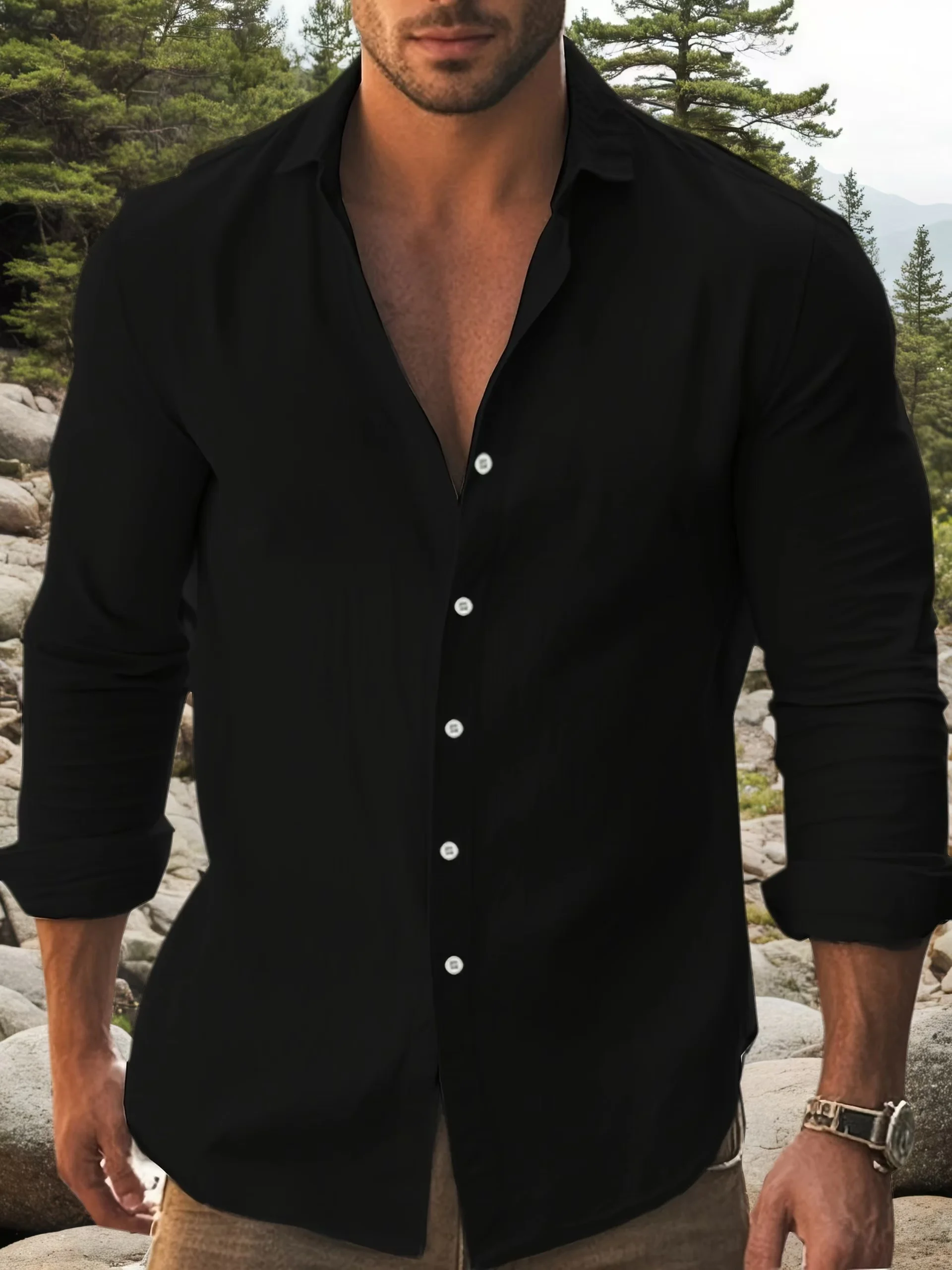 Mens Solid Cotton Long Sleeve Casual Slim Fit Shirt - Image 2