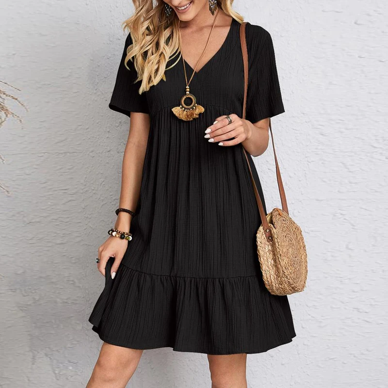 Vintage Solid Elegant Women Dress Casual V-Neck - Image 2