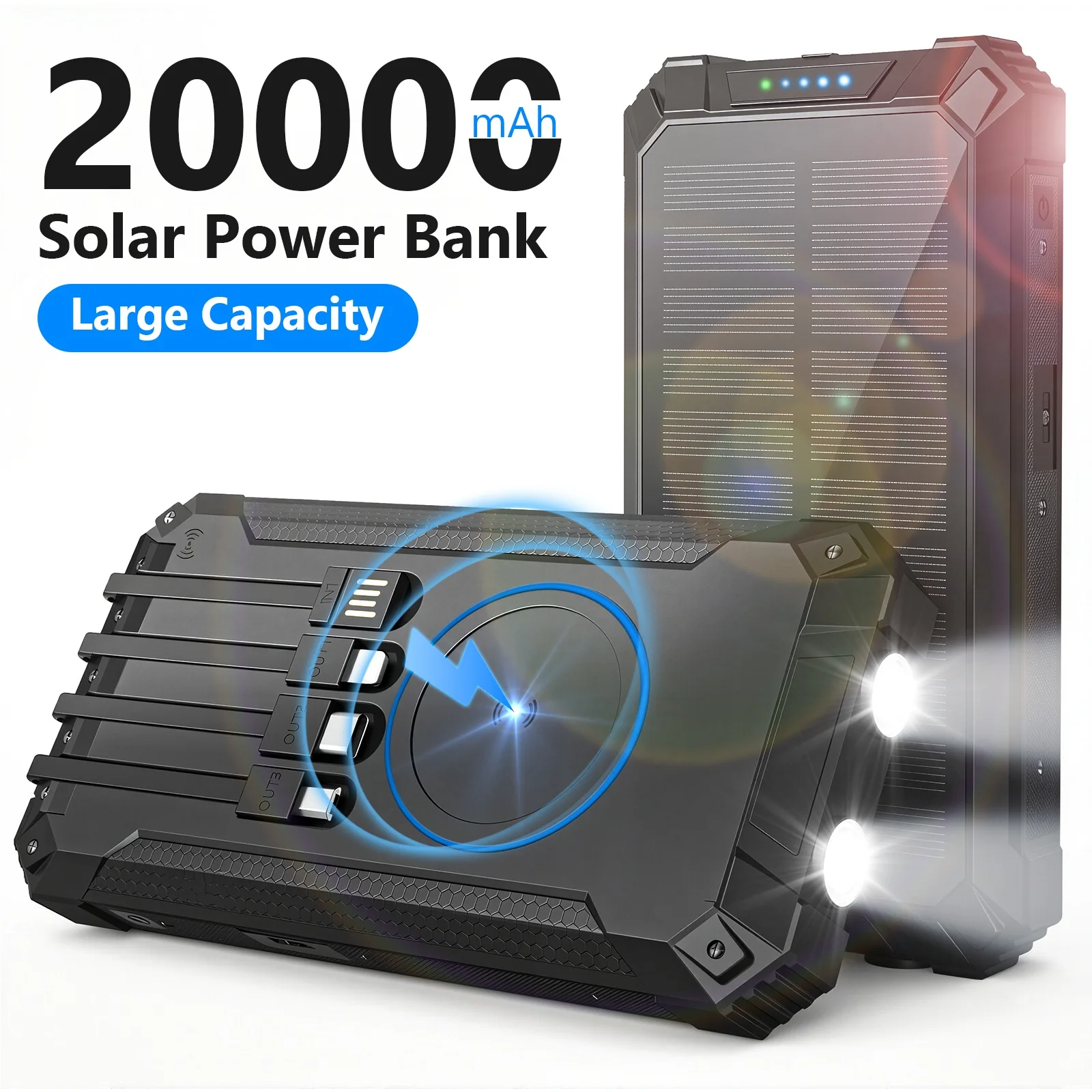 Portable Solar Power Bank 20000mAh Dual LED Lights 4 Built-in Cables Fast Charge - Image 5