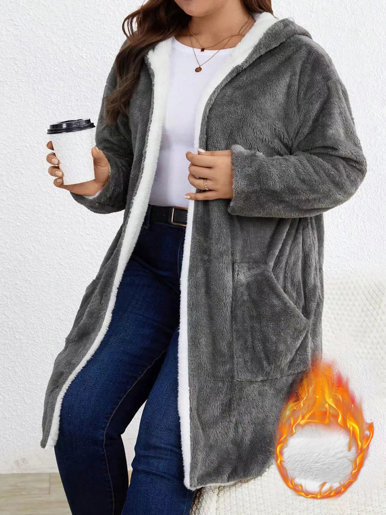 Women Fuzzy Fleece Lined Cardigan w/Hood - Image 3