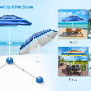 7.2 FT beach umbrella, portable outdoor umbrella with sand anchor, adj. tilt, steel pole, carry bag. - Thumbnail Image 6