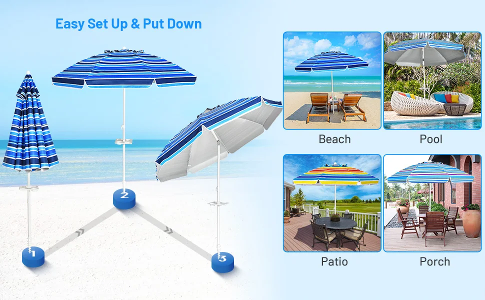 7.2 FT beach umbrella, portable outdoor umbrella with sand anchor, adj. tilt, steel pole, carry bag. - Image 6