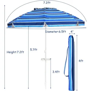 7.2 FT beach umbrella, portable outdoor umbrella with sand anchor, adj. tilt, steel pole, carry bag. - Thumbnail Image 3
