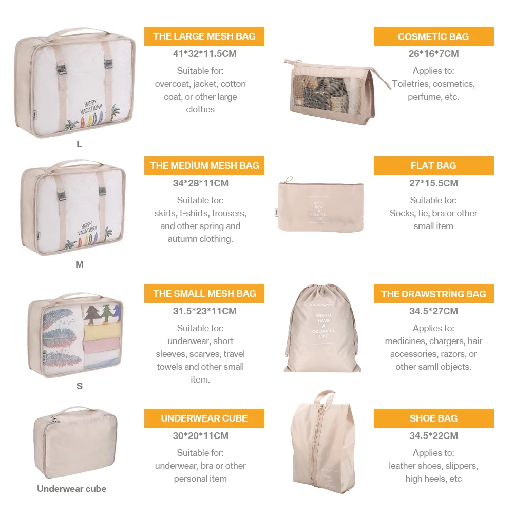8 Pcs Packing Cubes Waterproof Travel Storage w/ Zipper - Image 3