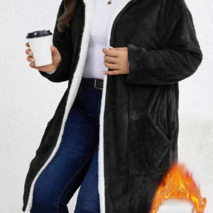 Women Fuzzy Fleece Lined Cardigan w/Hood - Thumbnail Image 2