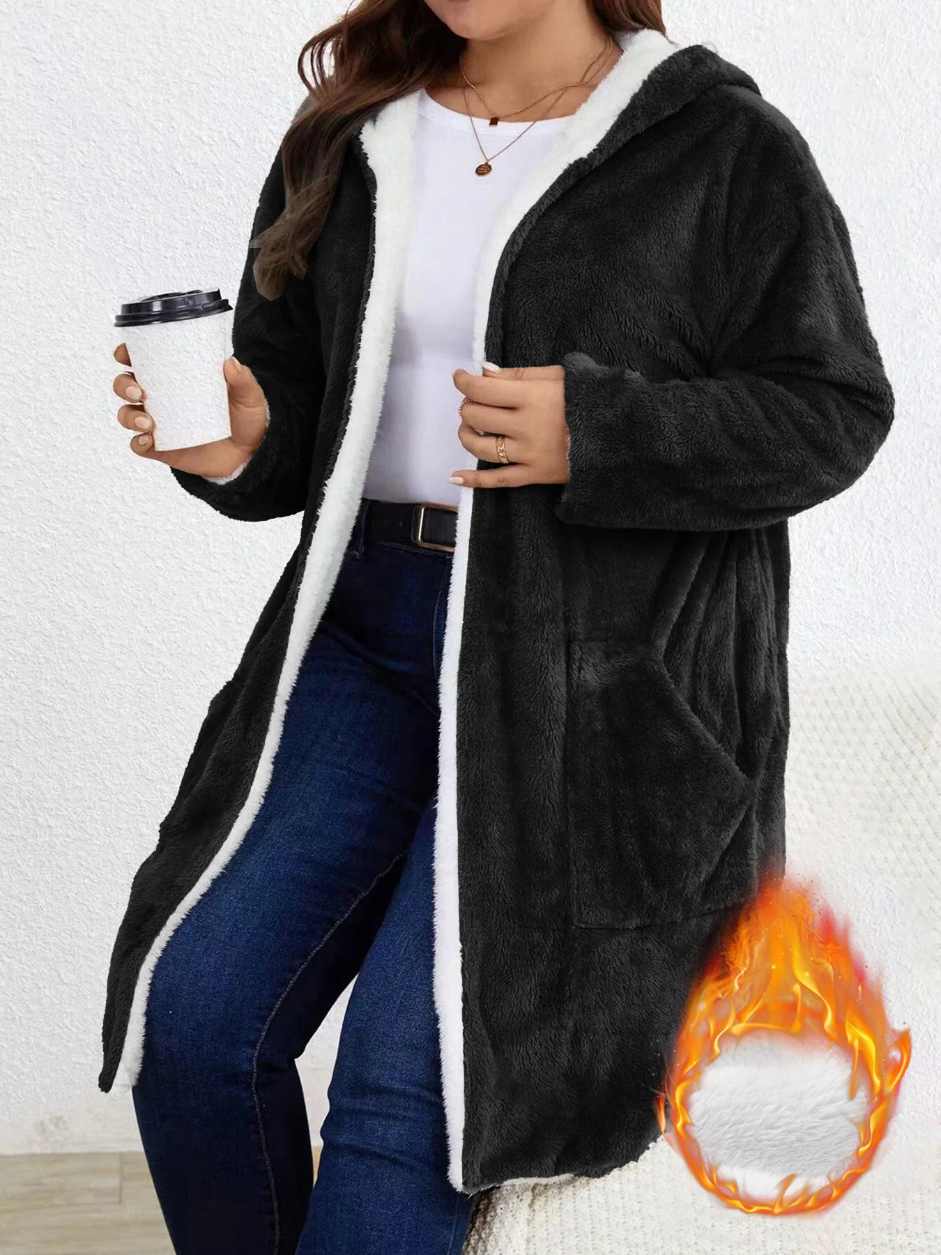 Women Fuzzy Fleece Lined Cardigan w/Hood - Image 2
