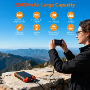 Portable Solar Power Bank 20000mAh Dual LED Lights 4 Built-in Cables Fast Charge - Thumbnail Image 12