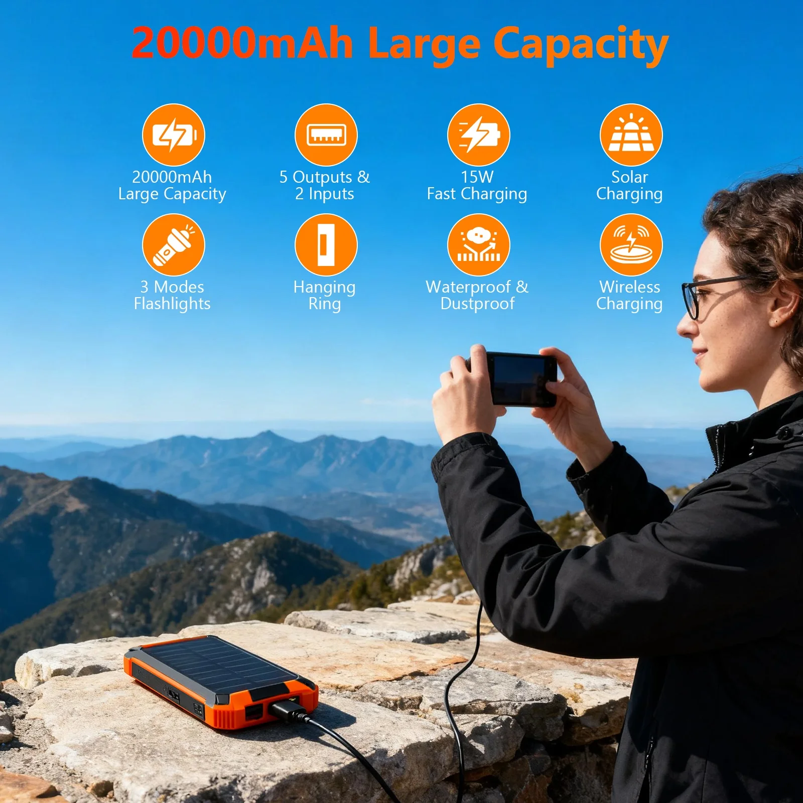 Portable Solar Power Bank 20000mAh Dual LED Lights 4 Built-in Cables Fast Charge - Image 12