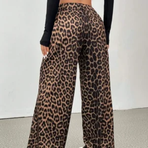 Leopard Print Wide Leg Pants. Elastic Waist, Loose Fit, Palazzo Pants - Thumbnail Image 3