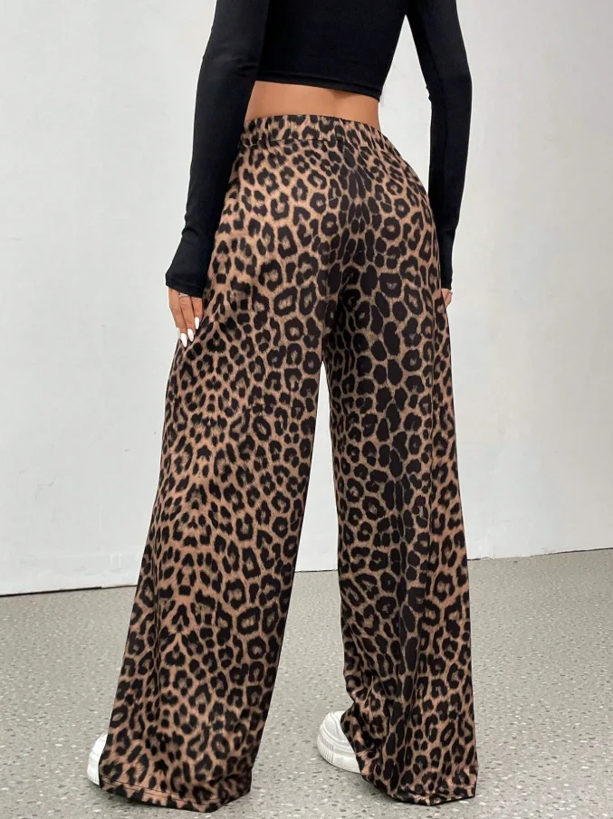 Leopard Print Wide Leg Pants. Elastic Waist, Loose Fit, Palazzo Pants - Image 3