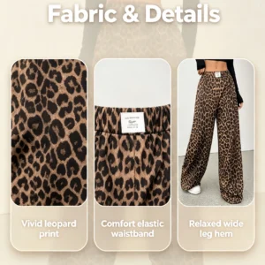 Leopard Print Wide Leg Pants. Elastic Waist, Loose Fit, Palazzo Pants - Thumbnail Image 5