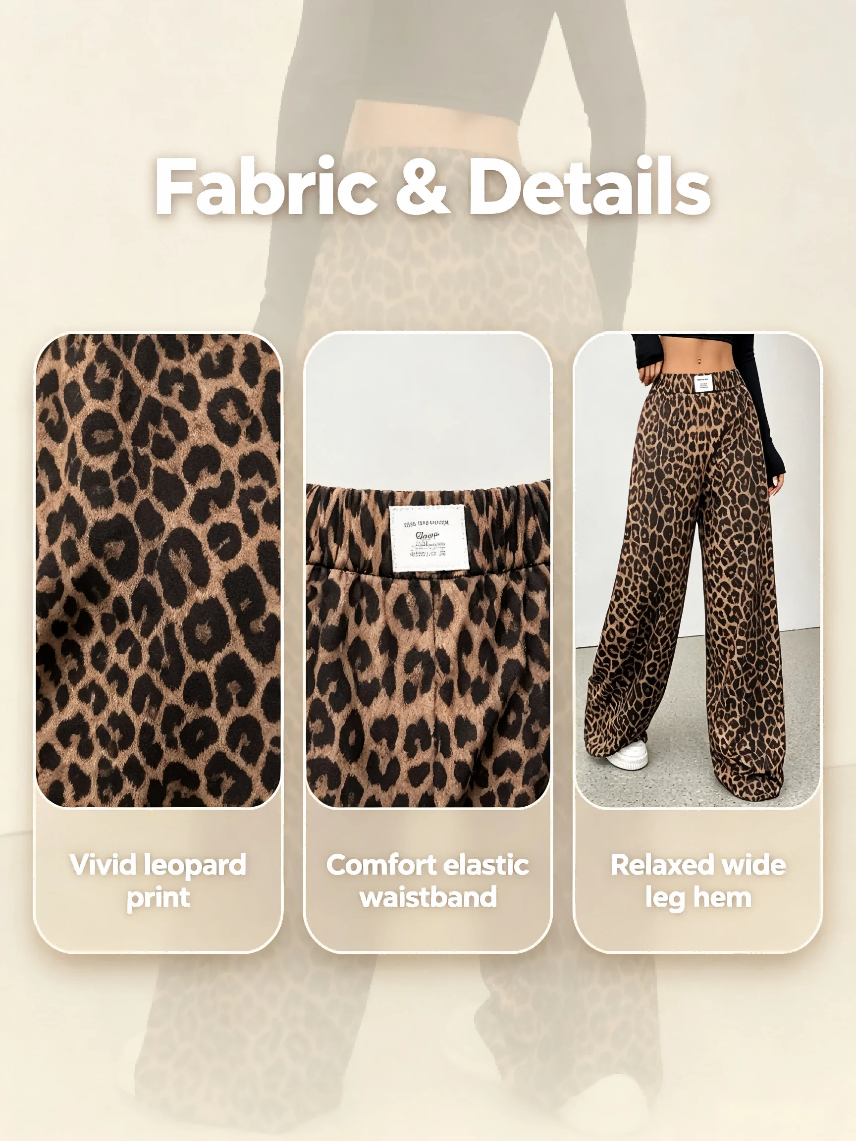 Leopard Print Wide Leg Pants. Elastic Waist, Loose Fit, Palazzo Pants - Image 5