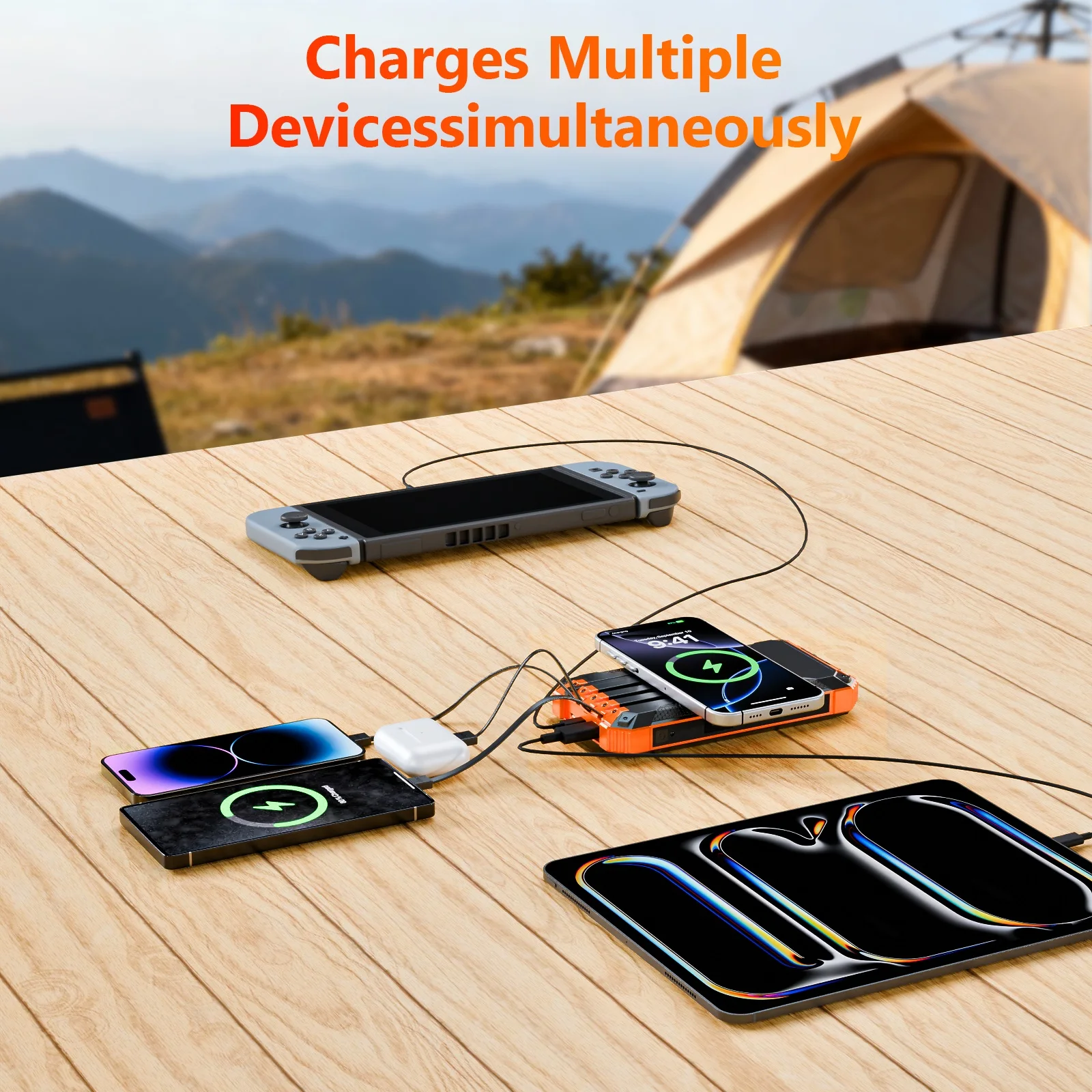 Portable Solar Power Bank 20000mAh Dual LED Lights 4 Built-in Cables Fast Charge - Image 11