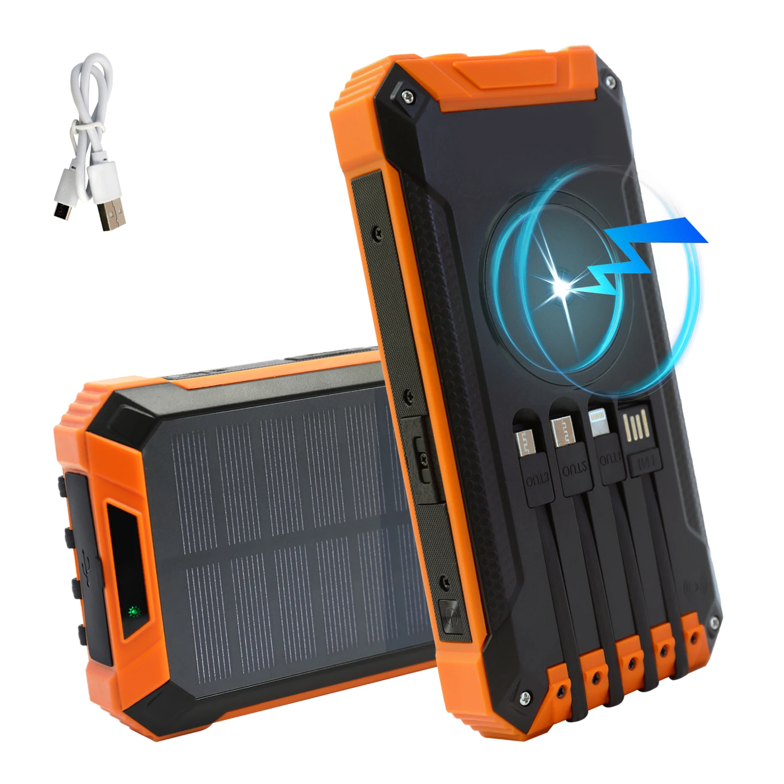 Portable Solar Power Bank 20000mAh Dual LED Lights 4 Built-in Cables Fast Charge - Image 1