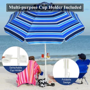 7.2 FT beach umbrella, portable outdoor umbrella with sand anchor, adj. tilt, steel pole, carry bag. - Thumbnail Image 2