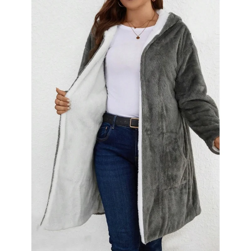 Women Fuzzy Fleece Lined Cardigan w/Hood - Image 1