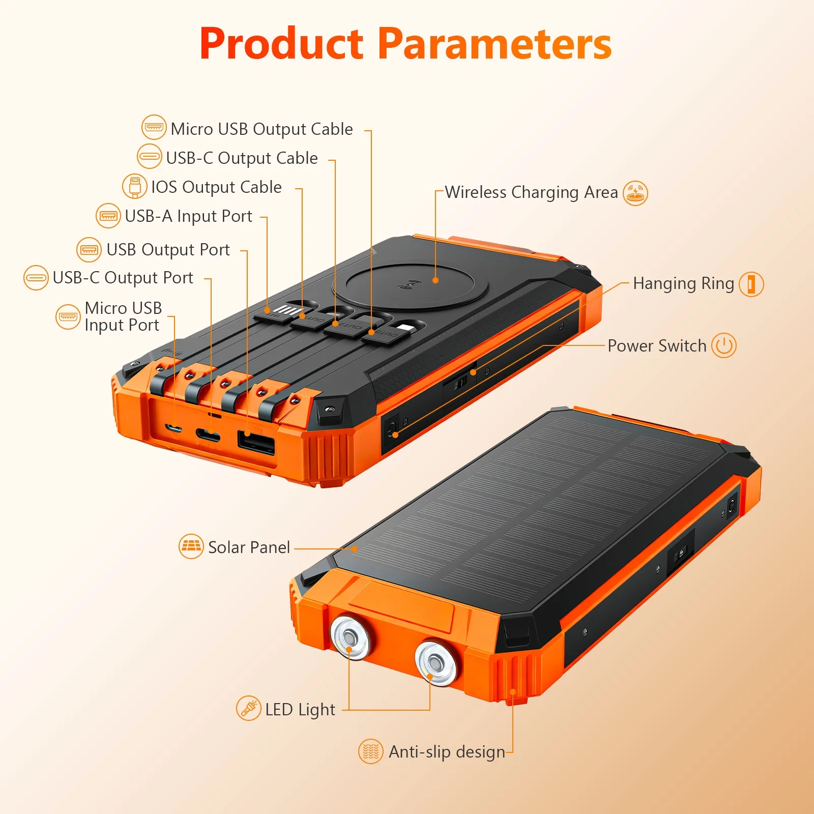 Portable Solar Power Bank 20000mAh Dual LED Lights 4 Built-in Cables Fast Charge - Image 13