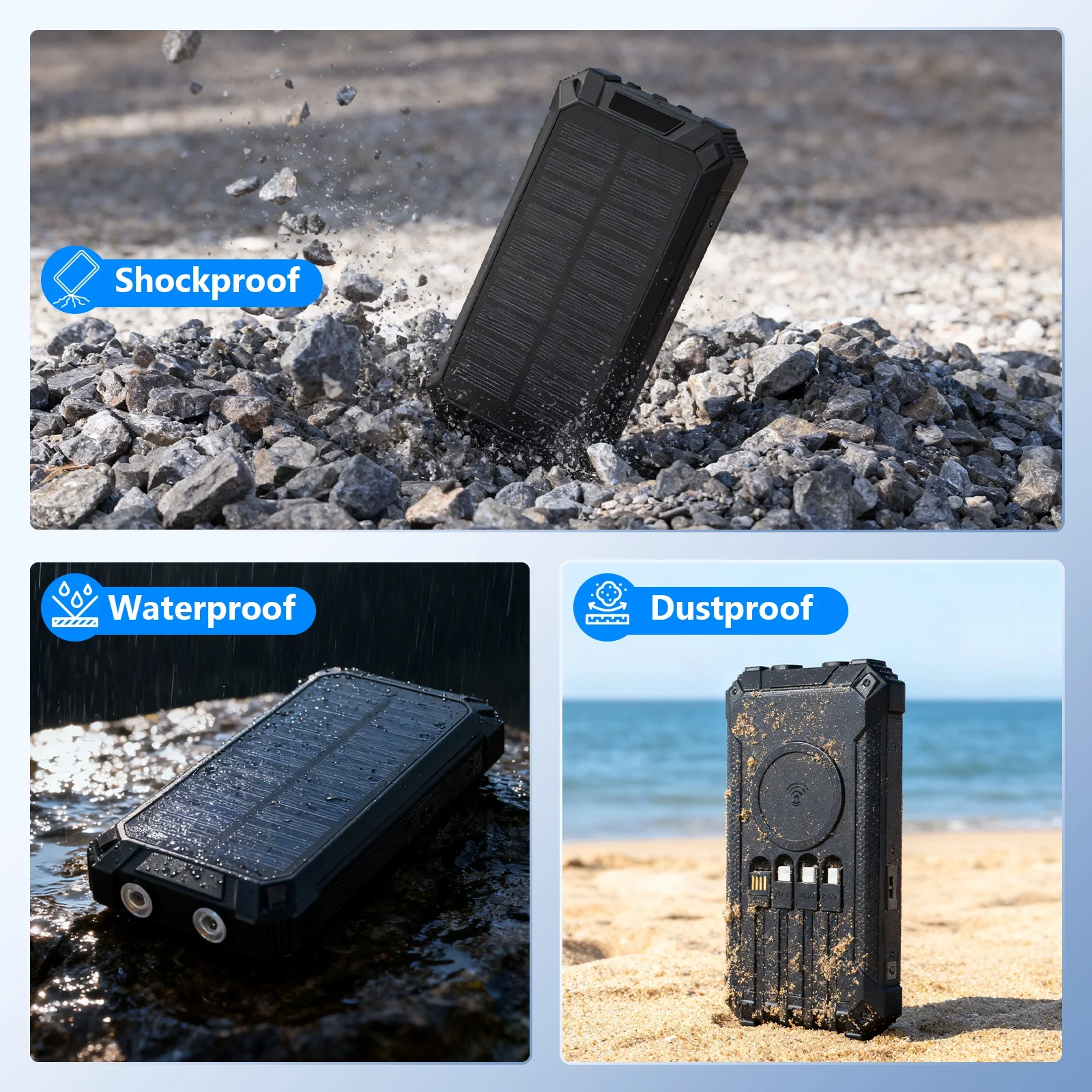 Portable Solar Power Bank 20000mAh Dual LED Lights 4 Built-in Cables Fast Charge - Image 3