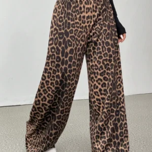 Leopard Print Wide Leg Pants. Elastic Waist, Loose Fit, Palazzo Pants - Thumbnail Image 2