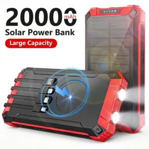 Portable Solar Power Bank 20000mAh Dual LED Lights 4 Built-in Cables Fast Charge - Thumbnail Image 7