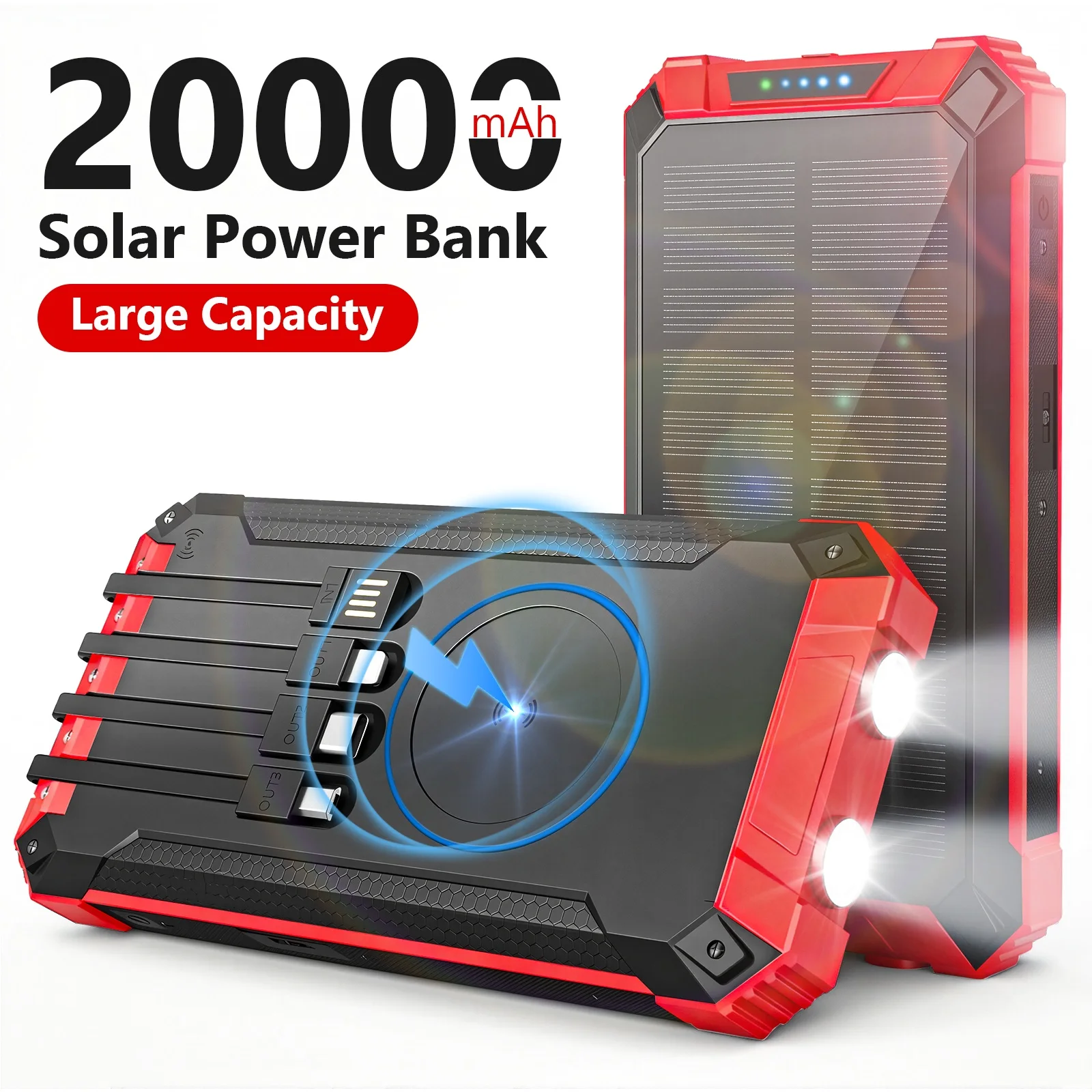 Portable Solar Power Bank 20000mAh Dual LED Lights 4 Built-in Cables Fast Charge - Image 7