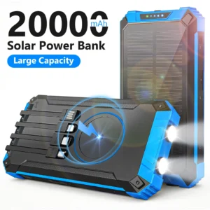 Portable Solar Power Bank 20000mAh Dual LED Lights 4 Built-in Cables Fast Charge - Thumbnail Image 6
