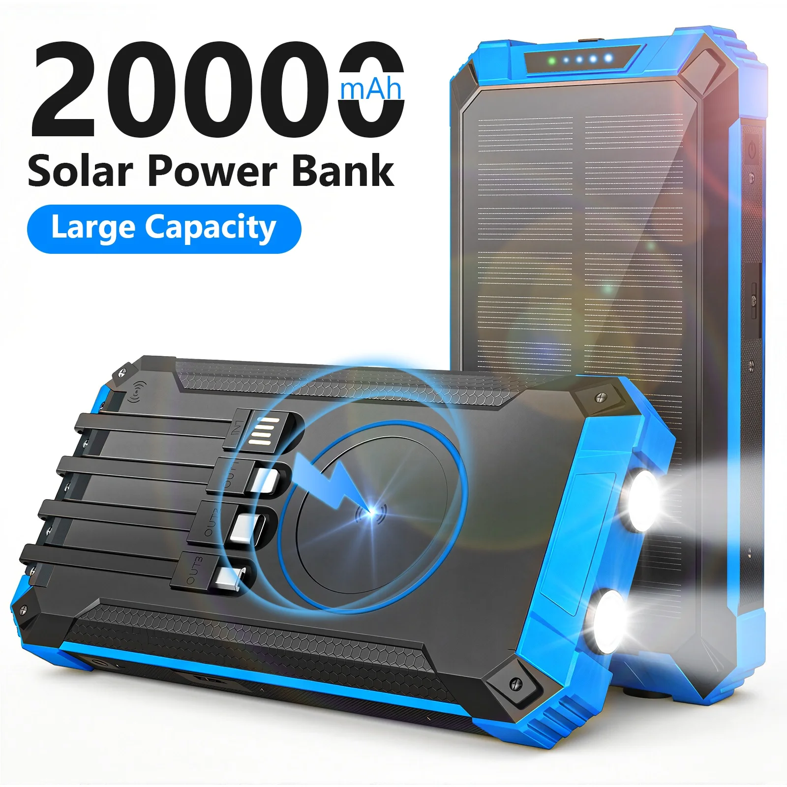 Portable Solar Power Bank 20000mAh Dual LED Lights 4 Built-in Cables Fast Charge - Image 6