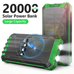 Portable Solar Power Bank 20000mAh Dual LED Lights 4 Built-in Cables Fast Charge - Thumbnail Image 8