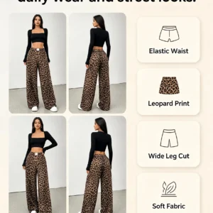Leopard Print Wide Leg Pants. Elastic Waist, Loose Fit, Palazzo Pants - Thumbnail Image 4