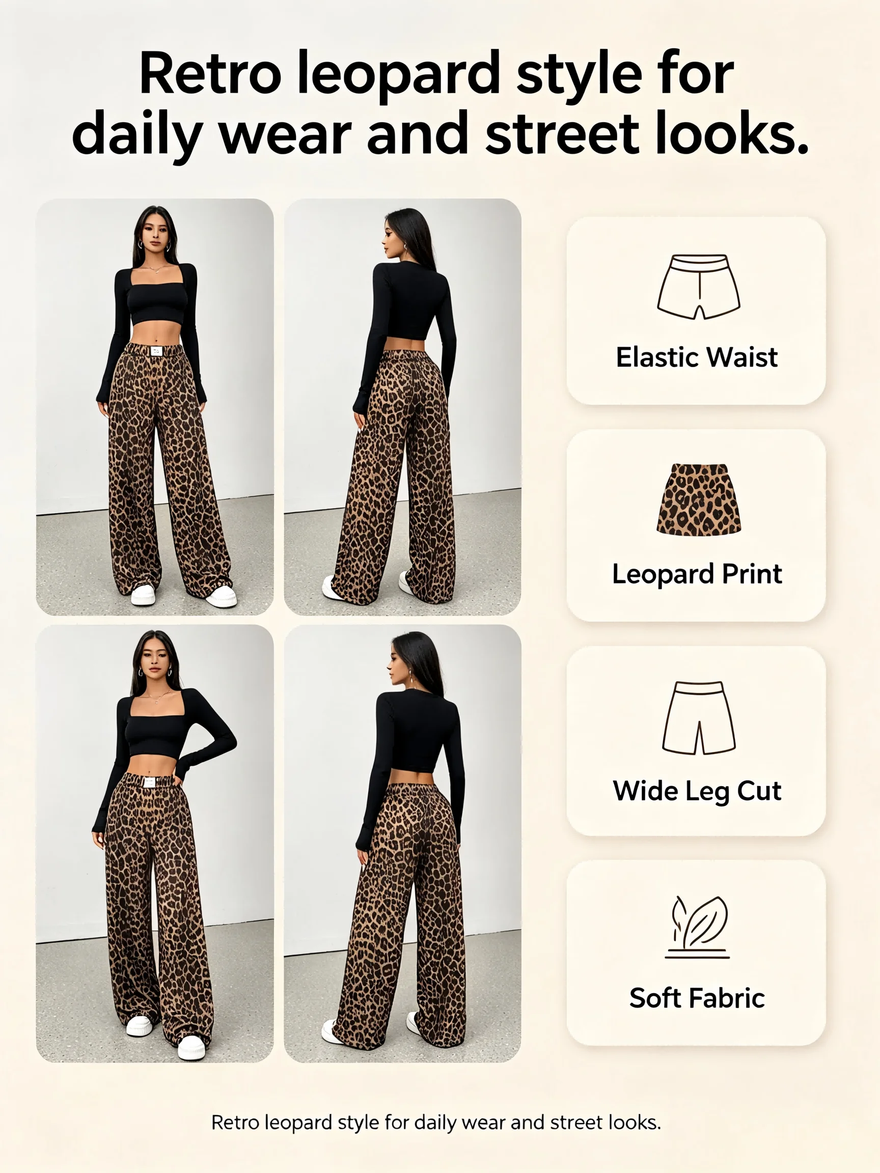 Leopard Print Wide Leg Pants. Elastic Waist, Loose Fit, Palazzo Pants - Image 4