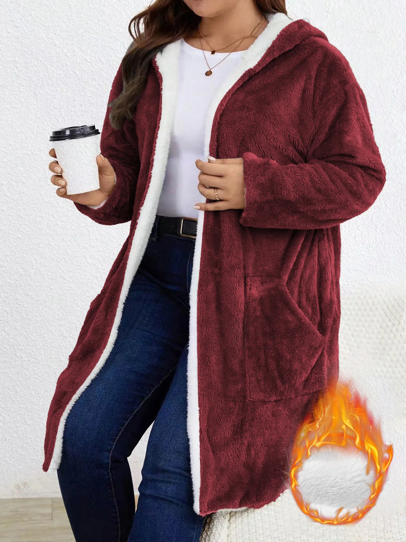 Women Fuzzy Fleece Lined Cardigan w/Hood - Image 5