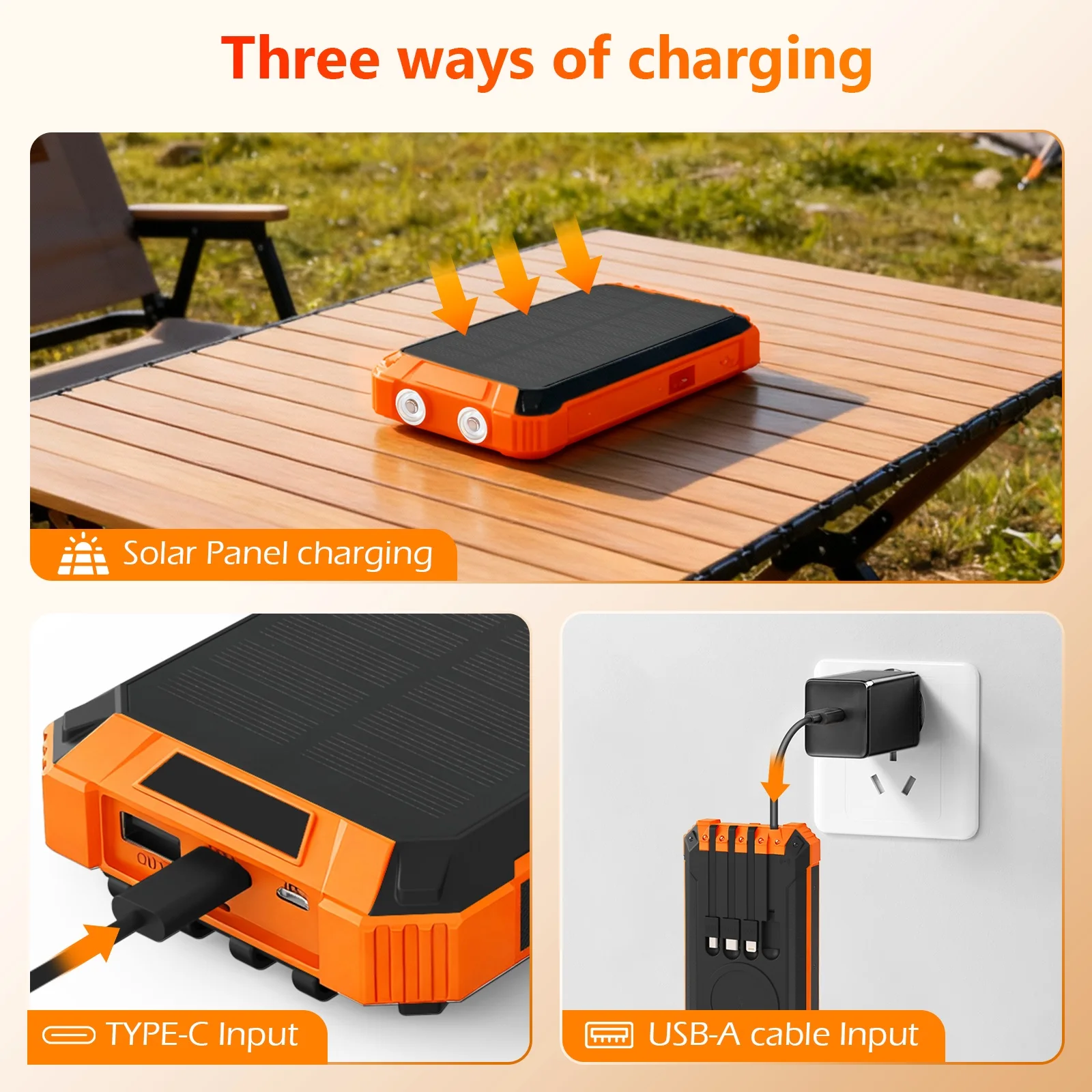 Portable Solar Power Bank 20000mAh Dual LED Lights 4 Built-in Cables Fast Charge - Image 10