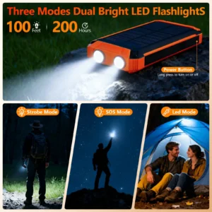 Portable Solar Power Bank 20000mAh Dual LED Lights 4 Built-in Cables Fast Charge - Thumbnail Image 9